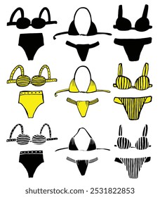 Swimsuit clipart. A collection of hand-drawn swimsuit silhouettes. Doodle fashion illustration. Front, yellow and black.