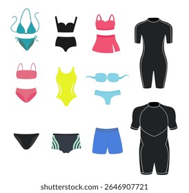 Conjunto de Clipart de maiô - Biquíni, Wetsuit e Beachwear Flat Vetor Collection