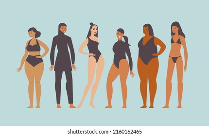
Swimsuit Collection. Vector illustration set of body positive multiethnic female characters wearing various swimwear.