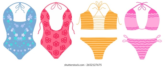 Ilustração vetorial de coleção de maiô. Biquíni colorido feminino, sutiãs elegantes e calcinhas set