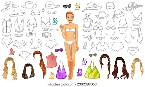 Swimsuit Design Coloring Paper Doll with Outfit, Hairstyles and Accessories. Vector Illustration