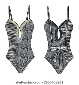 swimsuit design. leopard and zebra pattern. chain detail and more