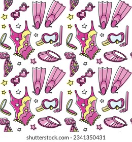 Swimsuit, diving mask,  fins and other summer accessories in pink colors. Seamless pattern. Vector.