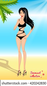 Swimsuit female collection, one-piece black swimsuit, bikini, beach, palm