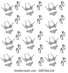 Swimsuit und Flip Flops nahtloses Muster. Design für Hintergrund, Tapete, Verpackungspapier, Textilien, Stoff. Doodle Umriss handgezeichnete Illustration in schwarzer Tinte.
