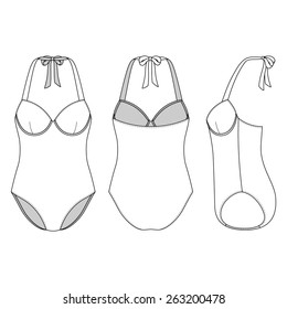 Swimsuit in front, back and side views. Blank templates. Casual style. Vector illustration for your fashion design. Isolated on white. 