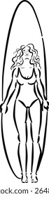 Swimsuit girl holding surfboard sketch for beach-themed packaging surf branding poster useVector illustration