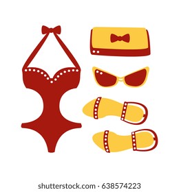 Swimsuit, glasses, bag, sandal, women beach accessories. Beach vacation. Colorful cartoon Illustration