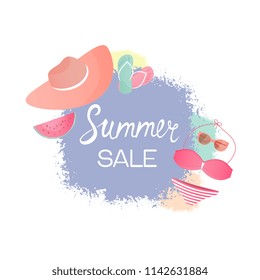 Swimsuit, hat, glasses, flip flops. Design template for summer sale.