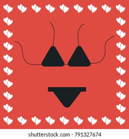 Swimsuit icon flat. Simple black pictogram on red background with white hearts for valentines day. Vector illustration symbol