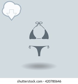 Swimsuit icon with shadow. Cloud of download with arrow.