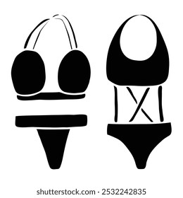 Swimsuit icons. Creative one-stripe elements. Fashion summer-themed clip art. Front, black color, isolated on a white background.