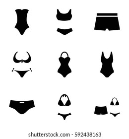 swimsuit icons set. Set of 9 swimsuit filled icons such as bikini, swimsuit, man swim wear
