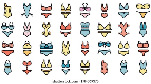 Swimsuit-Icons Set. Rahmenset für Badeanzug Vektorsymbole in dünnen Linien auf Weiß