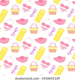 Swimsuit, inflatable lounge, bag, panama, sunglasses. Beach accessories. Summer seamless pattern. Used for design surfaces, fabrics, textiles, packaging paper, wallpaper