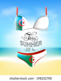 Swimsuit. Lettering. Seascape. Sun. Inscription. Summer. Summer landscape. Flag painted on a bathing suit. Panties and bra. Background. Algeria flag