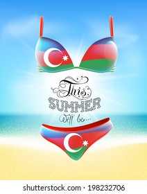 Swimsuit. Lettering. Seascape. Sun. Inscription. Summer. Summer landscape. Flag painted on a bathing suit. Panties and bra. Background. Azerbaijani flag