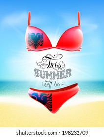 Swimsuit. Lettering. Seascape. Sun. Inscription. Summer. Summer landscape. Flag painted on a bathing suit. Panties and bra. Background. flag of Albania