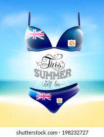 Swimsuit. Lettering. Seascape. Sun. Inscription. Summer. Summer landscape. Flag painted on a bathing suit. Panties and bra. Background. Anguilla flag