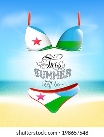 Swimsuit. Lettering. Seascape. Sun. Inscription. Summer. Summer landscape. Flag painted on a bathing suit. Panties and bra. Background. Flag of Djibouti