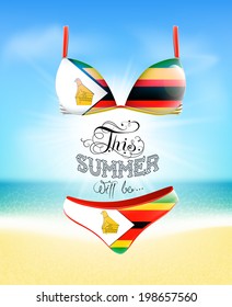 Swimsuit. Lettering. Seascape. Sun. Inscription. Summer. Summer landscape. Flag painted on a bathing suit. Panties and bra. Background. Flag of Zimbabwe