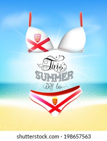 Swimsuit. Lettering. Seascape. Sun. Inscription. Summer. Summer landscape. Flag painted on a bathing suit. Panties and bra. Background. Flag Jersey
