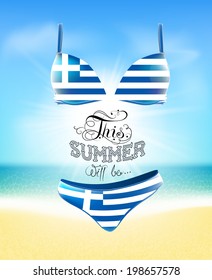 Swimsuit. Lettering. Seascape. Sun. Inscription. Summer. Summer landscape. Flag painted on a bathing suit. Panties and bra. Background. Flag of Greece