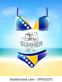 Swimsuit. Lettering. Seascape. Sun. Inscription. Summer landscape. Painted on a bathing suit. Panties and bra. Background.  Flag of Bosnia and Herzegovina