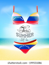 Swimsuit. Lettering. Seascape. Sun. Inscription. Summer landscape. Painted on a bathing suit. Panties and bra. Background.  Flag of Venezuela