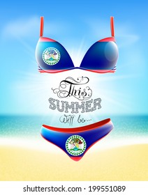 Swimsuit. Lettering. Seascape. Sun. Inscription. Summer landscape. Painted on a bathing suit. Panties and bra. Background.  Flag of Belize