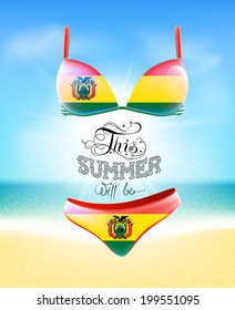 Swimsuit. Lettering. Seascape. Sun. Inscription. Summer landscape. Painted on a bathing suit. Panties and bra. Background.  Flag of Bolivia