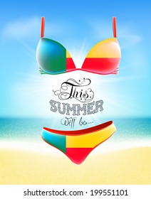 Swimsuit. Lettering. Seascape. Sun. Inscription. Summer landscape. Painted on a bathing suit. Panties and bra. Background.   Flag of Benin