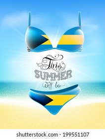 Swimsuit. Lettering. Seascape. Sun. Inscription. Summer landscape. Painted on a bathing suit. Panties and bra. Background.  Flag of Bahamas