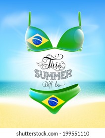 Swimsuit. Lettering. Seascape. Sun. Inscription. Summer landscape. Painted on a bathing suit. Panties and bra. Background.  Flag of Brazil