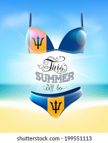 Swimsuit. Lettering. Seascape. Sun. Inscription. Summer landscape. Painted on a bathing suit. Panties and bra. Background.  Flag of Barbados