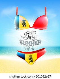 Swimsuit. Lettering. Seascape. Sun. Inscription. Summer landscape. Painted on a bathing suit. Panties and bra. Background.  Flag of Belgium