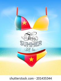 Swimsuit. Lettering. Seascape. Sun. Inscription. Summer landscape. Painted on a bathing suit. Panties and bra. Background.  Flag of Cameroon