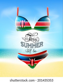 Swimsuit. Lettering. Seascape. Sun. Inscription. Summer landscape. Painted on a bathing suit. Panties and bra. Background.  Flag of Kenya