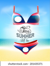 Swimsuit. Lettering. Seascape. Sun. Inscription. Summer landscape. Painted on a bathing suit. Panties and bra. Background.  Flag of Laos
