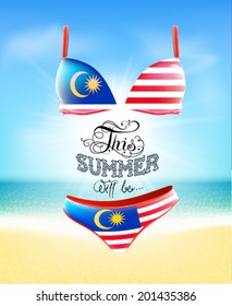 Swimsuit. Lettering. Seascape. Sun. Inscription. Summer landscape. Painted on a bathing suit. Panties and bra. Background.  Flag of Malaysia