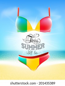 Swimsuit. Lettering. Seascape. Sun. Inscription. Summer landscape. Painted on a bathing suit. Panties and bra. Background.  Flag of Mali
