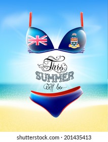 Swimsuit. Lettering. Seascape. Sun. Inscription. Summer landscape. Painted on a bathing suit. Panties and bra. Background.  Flag of the Cayman Islands