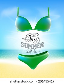 Swimsuit. Lettering. Seascape. Sun. Inscription. Summer landscape. Painted on a bathing suit. Panties and bra. Background. 