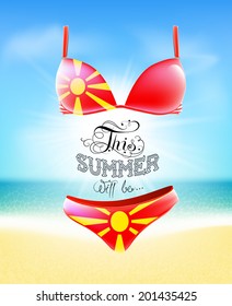 Swimsuit. Lettering. Seascape. Sun. Inscription. Summer landscape. Painted on a bathing suit. Panties and bra. Background.  Flag of Macedonia