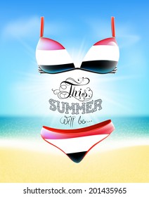 Swimsuit. Lettering. Seascape. Sun. Inscription. Summer landscape. Painted on a bathing suit. Panties and bra. Background.  Flag of Yemen