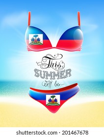 Swimsuit. Lettering. Seascape. Sun. Inscription. Summer landscape. Painted on a bathing suit. Panties and bra. Background.  Flag of Haiti