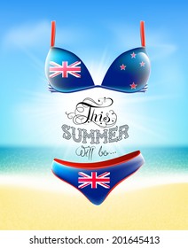 Swimsuit. Lettering. Seascape. Sun. Inscription. Summer landscape. Painted on a bathing suit. Panties and bra. Background. 