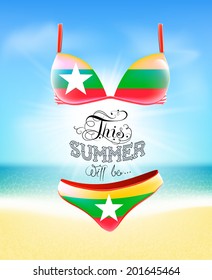 Swimsuit. Lettering. Seascape. Sun. Inscription. Summer landscape. Painted on a bathing suit. Panties and bra. Background.  Flag of Myanmar