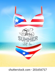 Swimsuit. Lettering. Seascape. Sun. Inscription. Summer landscape. Painted on a bathing suit. Panties and bra. Background. 