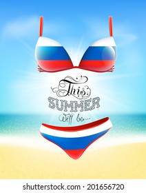 Swimsuit. Lettering. Seascape. Sun. Inscription. Summer landscape. Painted on a bathing suit. Panties and bra. Background.   Russian flag